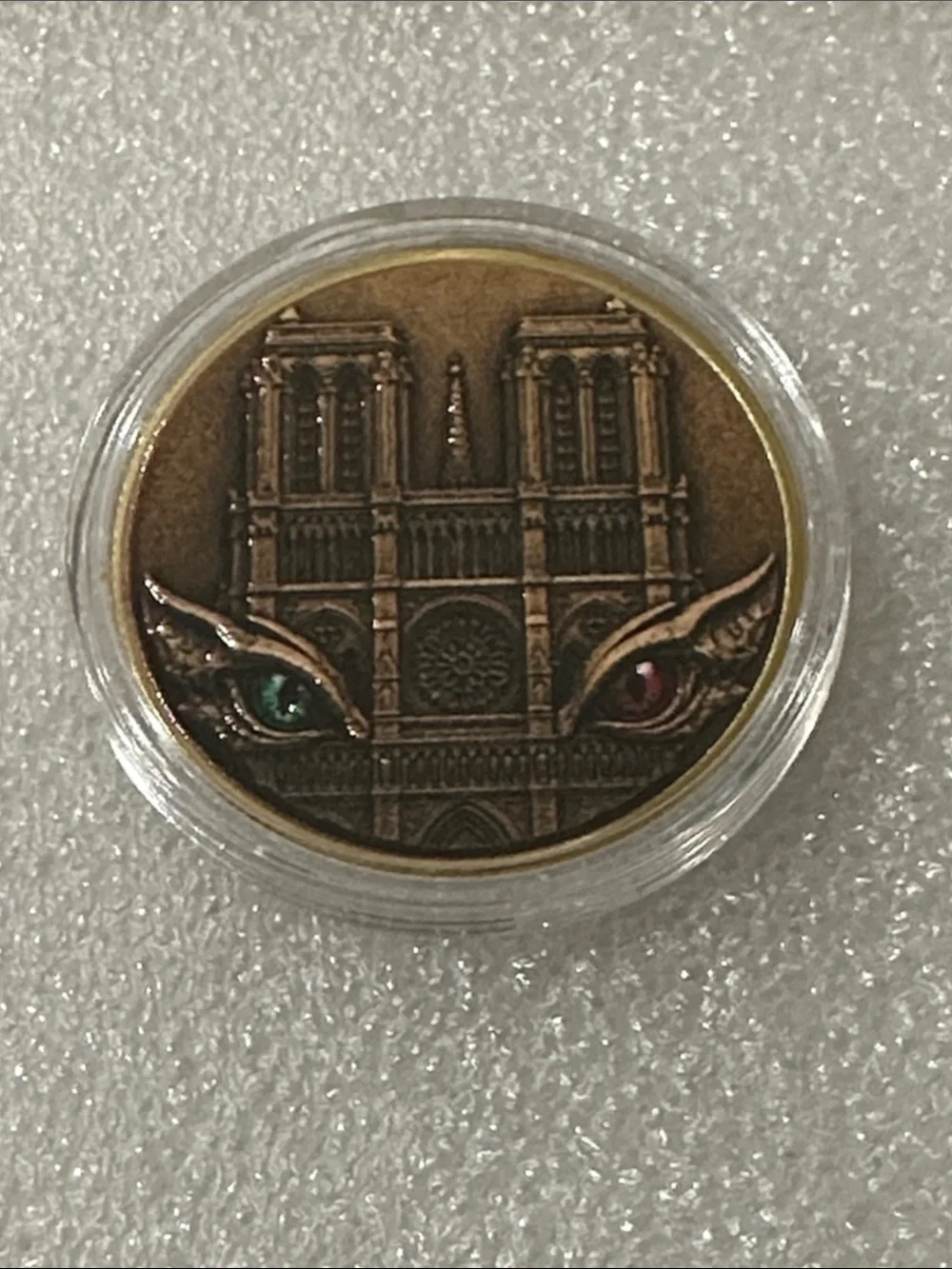 Antique Bronze Cathedral Medallion with Gemstone Eyes
